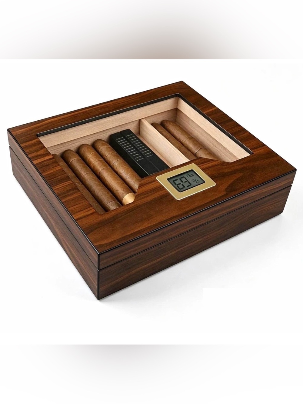 Cedar Wood Glass Top Cigar Humidor w/ Digital Hygrometer, Divider, 35 Ct